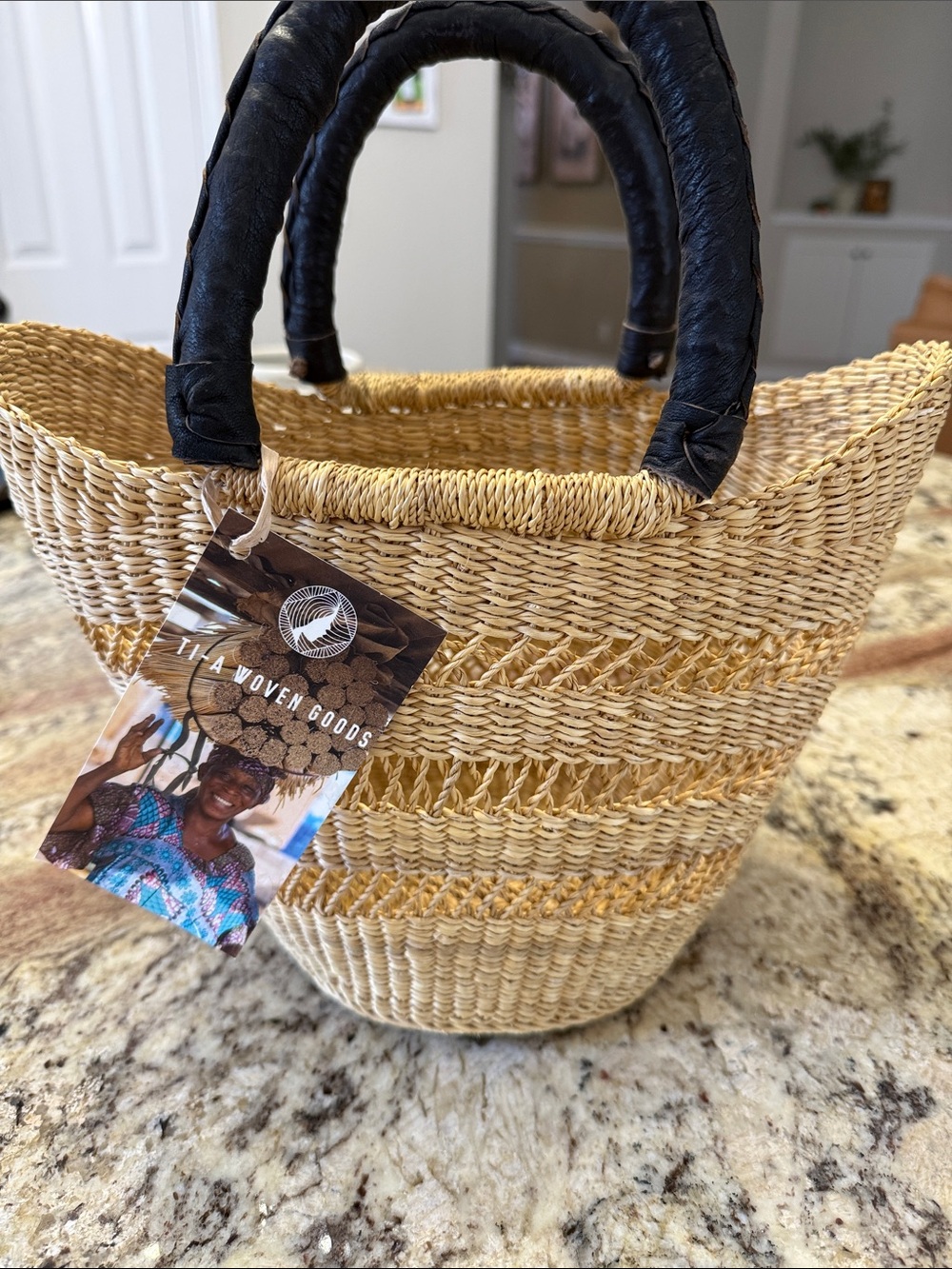 NWT Natural Straw Tote with Black leather Handles